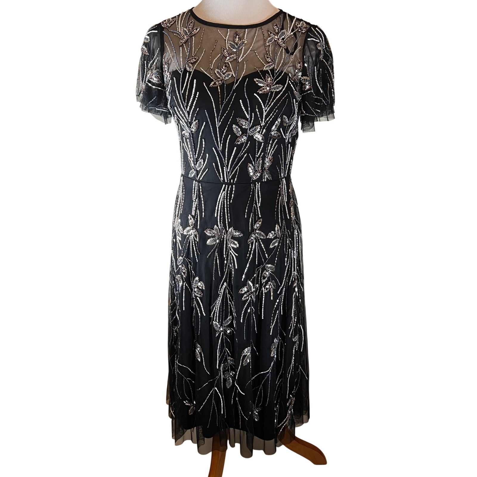 Aidan Mattox Regency Elegant Black Beaded Embellished Midi Cocktail Dress Size 2